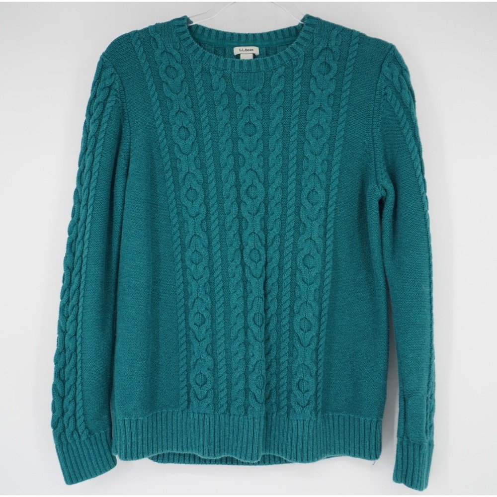 LL Bean Womens Large Fitted Teal Blue Cable Knit Cotton Crewneck Sweater 298839
